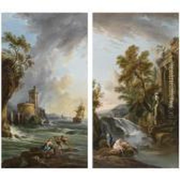 A Rocky Coastal Landscape With 
Fishermen Pulling In Theirnets; Bathers On The Rocks Beneath A Waterfall
 And An Ancient Romanruin Oil Painting by Jean-Baptiste Lallemand