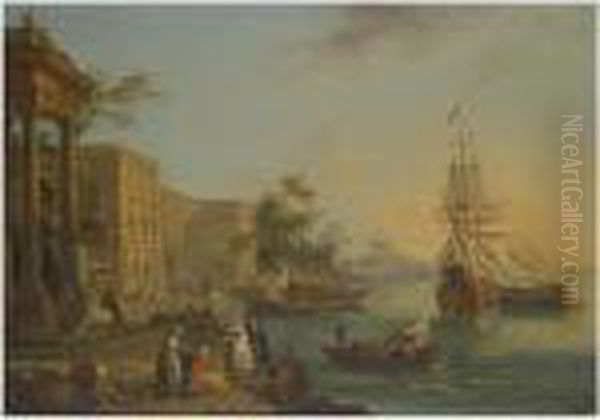 A Capriccio View Of The Custom 
House And Embankment In Londonwith Figures On The Quay In The Foreground Oil Painting by Jean-Baptiste Lallemand