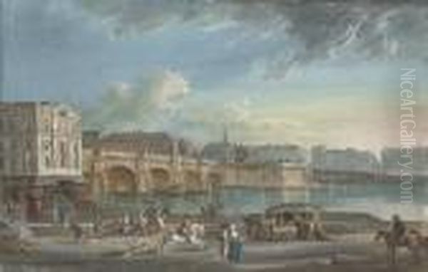 View Of The Pont Neuf From The Quai Du Louvre, Paris Oil Painting by Jean-Baptiste Lallemand