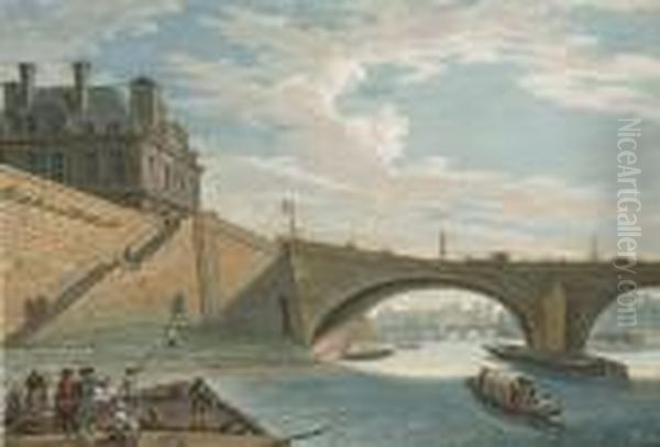 A Ferry On The Seine Below The Pont Royal, Paris Oil Painting by Jean-Baptiste Lallemand