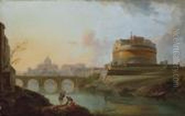 A View Of The Tiber, Rome, With The Castel Sant' Angelo And St. Peter's Beyond Oil Painting by Jean-Baptiste Lallemand