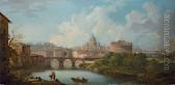 Rome: A View Of The Tiber, With The Castel Sant'angelo And The Basilica Of Saint Peter's Oil Painting by Jean-Baptiste Lallemand