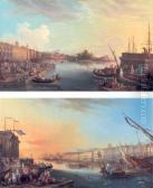 Vues Des Quais Du Port De Toulon Animes De Nombreux Personnages Oil Painting by Jean-Baptiste Lallemand