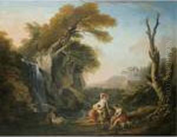 A Classical Landscape With Women Bathing By A Waterfall With Two Boys Looking On by Jean-Baptiste Lallemand