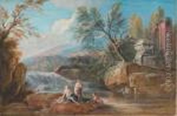 Un Paysage Avec Des Baigneuses 
Devant Une Cascade, Un Tombeau Et Des Ruines Antiques Sur La Droite Oil Painting by Jean-Baptiste Lallemand