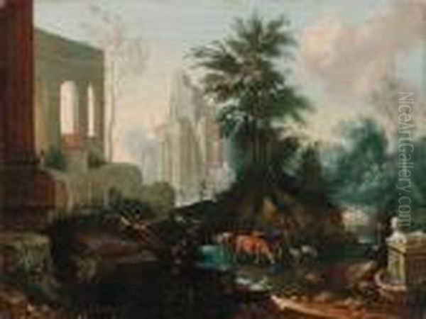 Mandria All'abbeverata In Paesaggio Con Rovine Classiche E Sfinge Oil Painting by Jean-Baptiste Lallemand