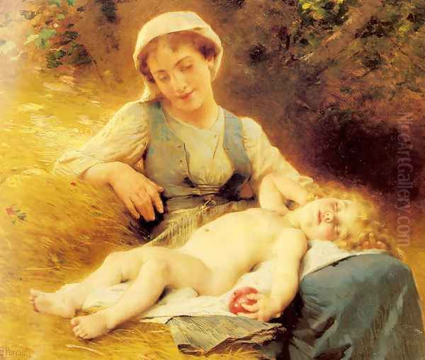 A Mother With Her Sleeping Child Oil Painting by Leon-Jean-Basile Perrault