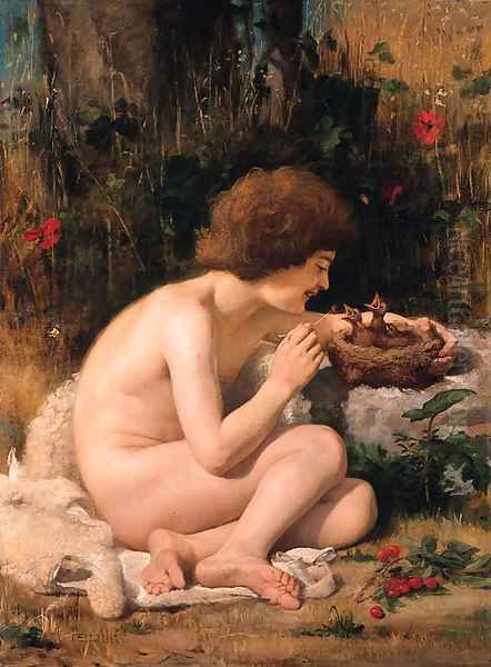 A young Shepherd feeding baby Chicks Oil Painting by Leon-Jean-Basile Perrault