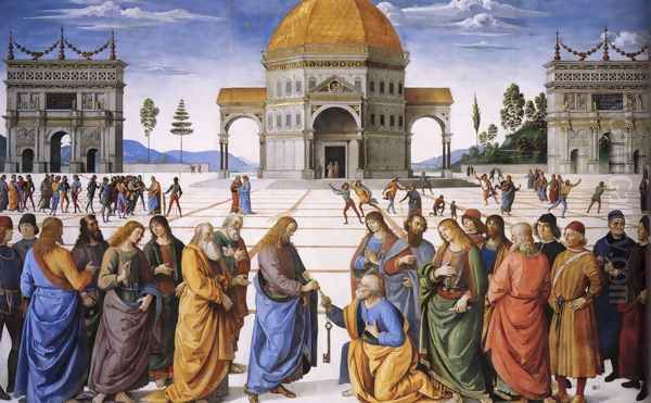 Christ Handing the Keys to St Peter 1481-82 Oil Painting by Pietro Vannucci Perugino