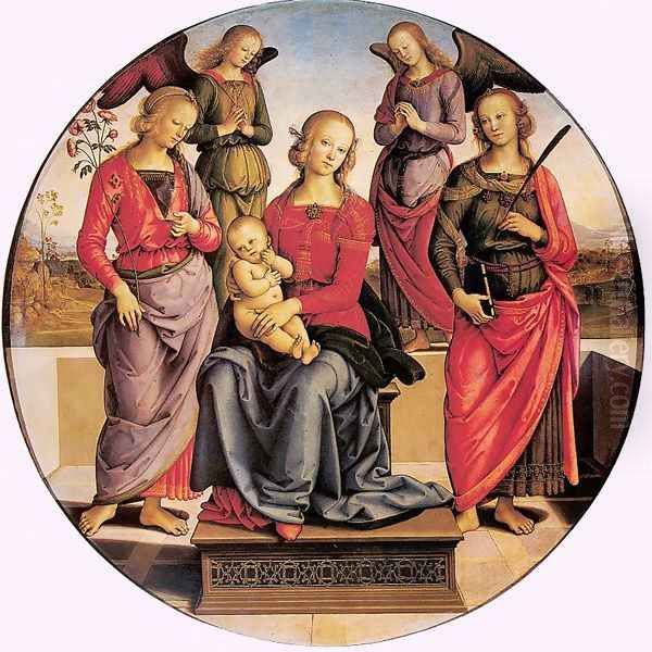 Madonna Enthroned with Child and two Saints (Madonna in trono col Bambino e due sante) Oil Painting by Pietro Vannucci Perugino