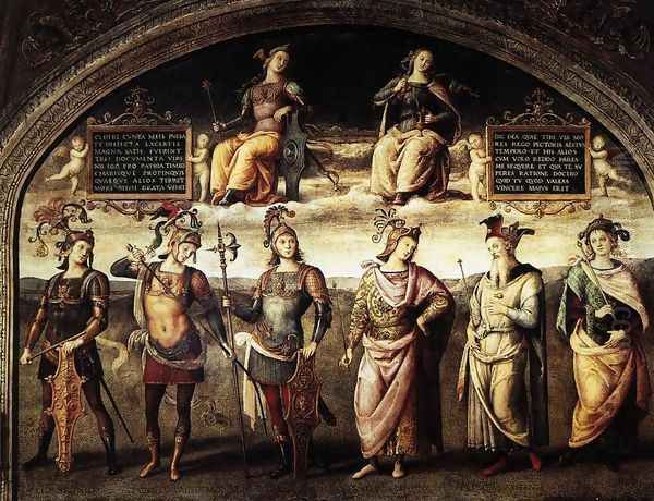 Fortitude and Temperance with Six Antique Heroes 1497 Oil Painting by Pietro Vannucci Perugino