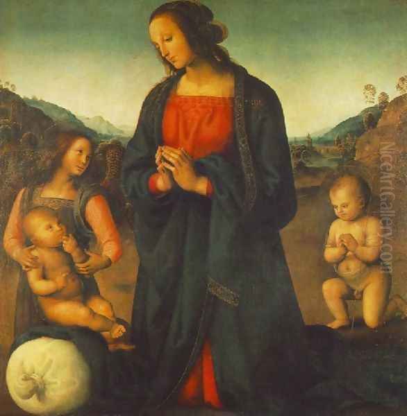 Madonna An Angel And Little St John Adoring The Child Oil Painting by Pietro Vannucci Perugino