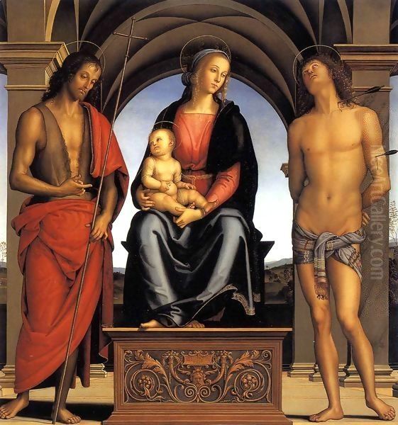 The Madonna between St John the Baptist and St Sebastian 1493 Oil Painting by Pietro Vannucci Perugino