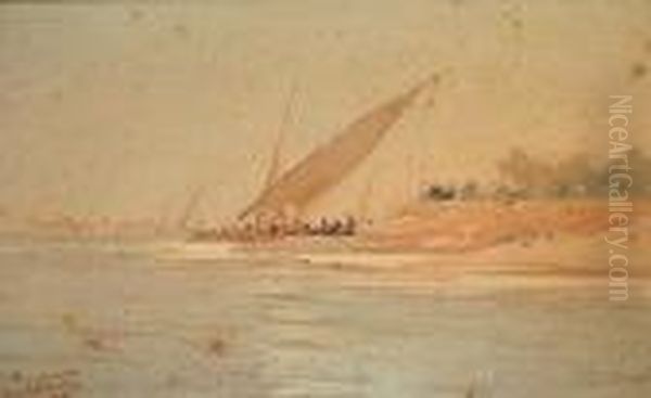 Feluccas On Thebanks Of The Nile Oil Painting by Augustus Osborne Lamplough