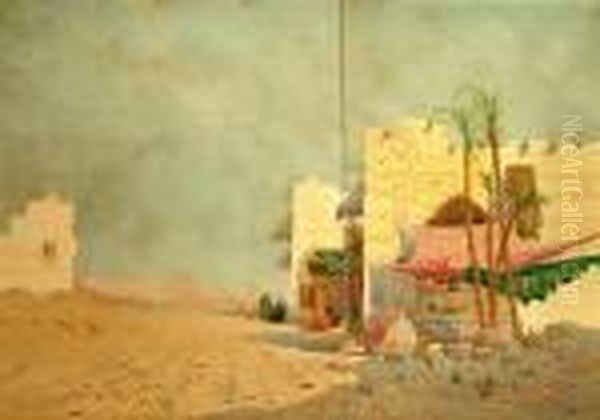 North African Figures By The Gates To A Walled Town Oil Painting by Augustus Osborne Lamplough