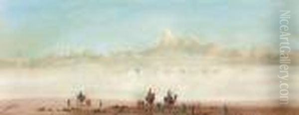 A Camel Train In A Desert Haze Oil Painting by Augustus Osborne Lamplough