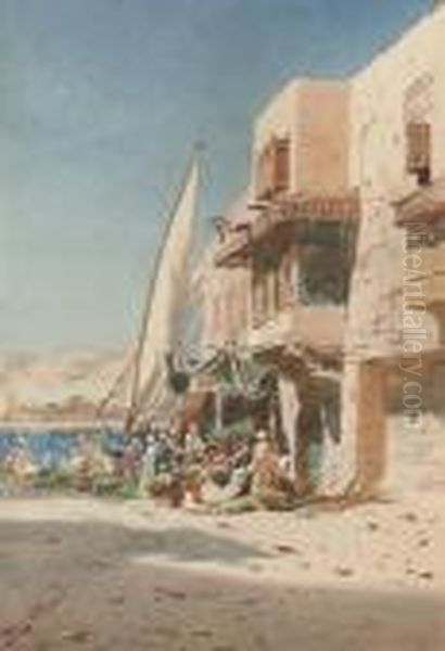 Arabs Unloading A Felucca On The
 Banks Of The Nile (illustrated); And Arabs On A Sunlit Street Before A 
Mosque Oil Painting by Augustus Osborne Lamplough