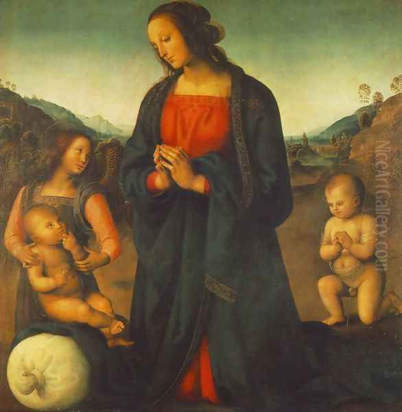 Madonna, an Angel and Little St John Adoring the Child (or Madonna del sacco) Oil Painting by Pietro Vannucci Perugino