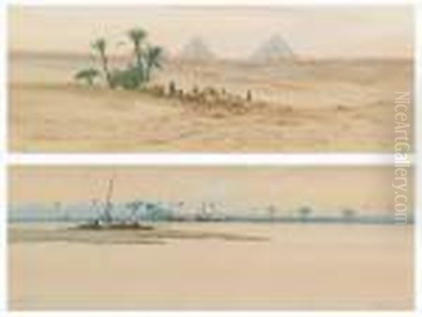 The Pyramids From The Desert; A Calm Evening On The Nile Oil Painting by Augustus Osborne Lamplough