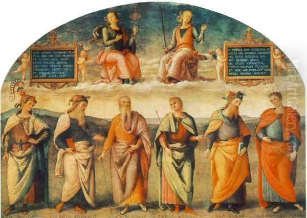 Prudence and Justice with Six Antique Wisemen Oil Painting by Pietro Vannucci Perugino