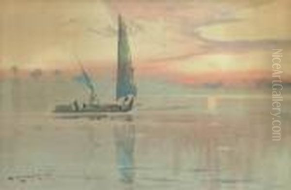 A Felucca On The Nile At Dusk (illustrated); And A Camel Traincrossing The Desert Oil Painting by Augustus Osborne Lamplough