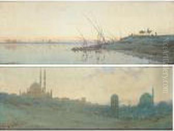 An Egyptian Silhouette; Cairo-citadel From The Desert Oil Painting by Augustus Osborne Lamplough