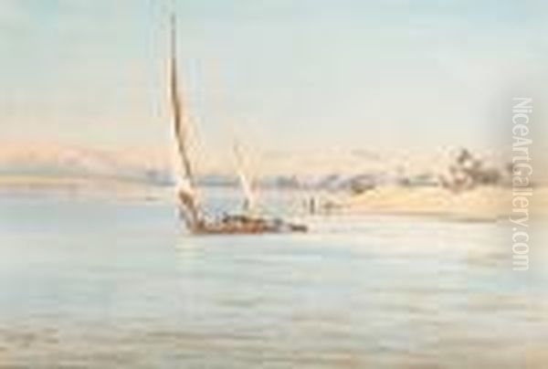 Dhows By The Banks Of The Nile Oil Painting by Augustus Osborne Lamplough