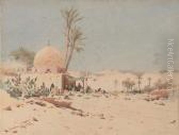 Figures Seated Outside A Mosque Oil Painting by Augustus Osborne Lamplough