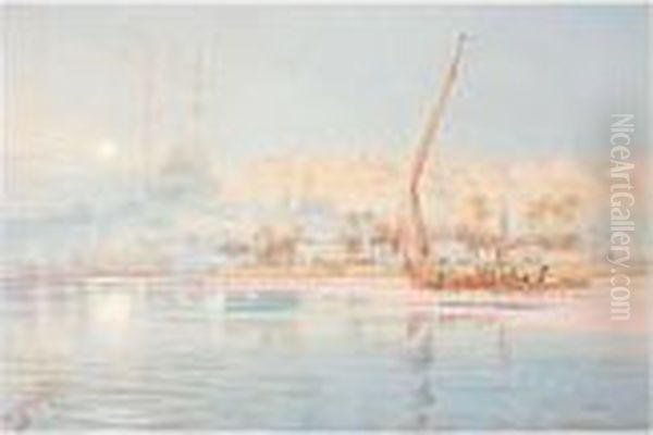 A Dhow On The Nile At Cairo Oil Painting by Augustus Osborne Lamplough