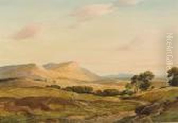 Shepherd And Flock In An Upland Landscape by Percy Lancaster