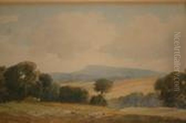 Hilly Scene With Trees And Resting Sheep by Percy Lancaster