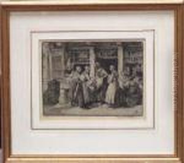 Four Dutch Women Conversing At A Shop Doorway - Etching by Percy Lancaster