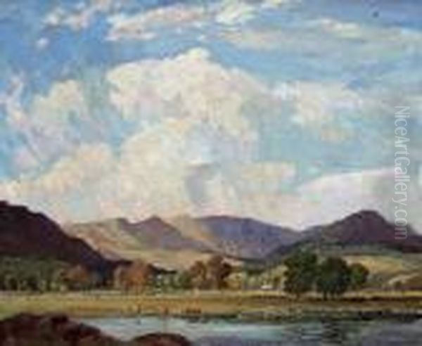 Vaches Dans Un Paysage Fluvial. Oil Painting by Percy Lancaster