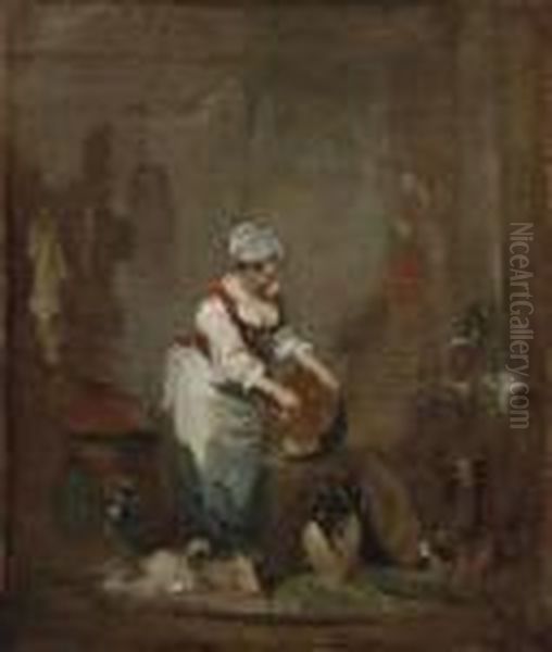 A Lady Cleaning A Copper Pot In An Interior, A Dog At Her Feet Oil Painting by Nicolas Lancret