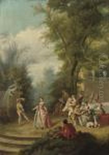 A Fete Champetre With Figures By A Fountain Oil Painting by Nicolas Lancret