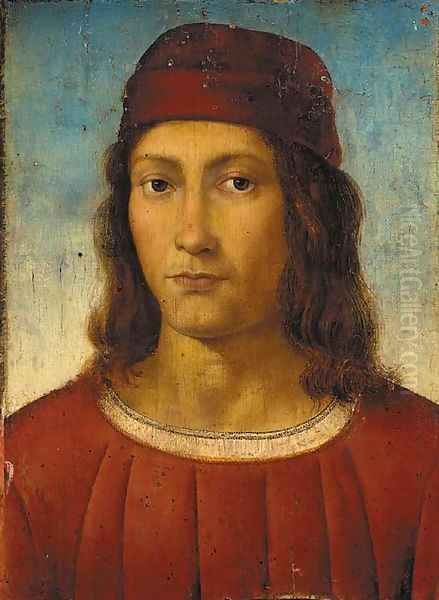 Portrait of a young man, bust-length, in a red tunic and pillbox hat Oil Painting by Pietro Vannucci Perugino