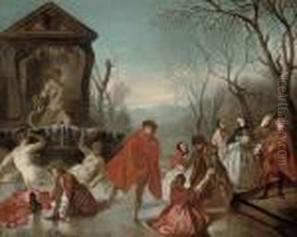 Winter: Skaters In A Winter Landscape Oil Painting by Nicolas Lancret