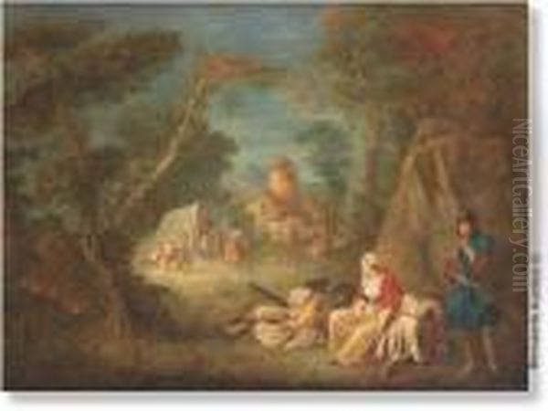 Hunting Party Resting In The Woods.panel Oil Painting by Nicolas Lancret