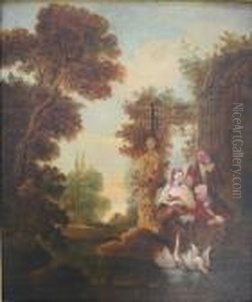 English Follower Of Nicolas Lancret Three Figures Near Ruins Oil Painting by Nicolas Lancret