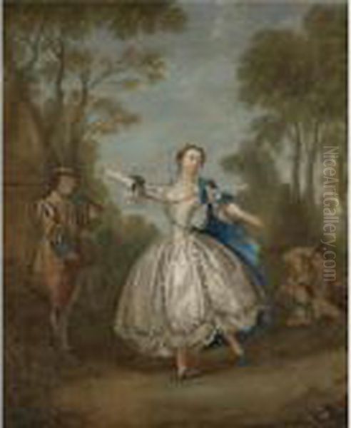 A Landscape With An Elegantly-dressed Lady Dancing Beside Musicians Oil Painting by Nicolas Lancret