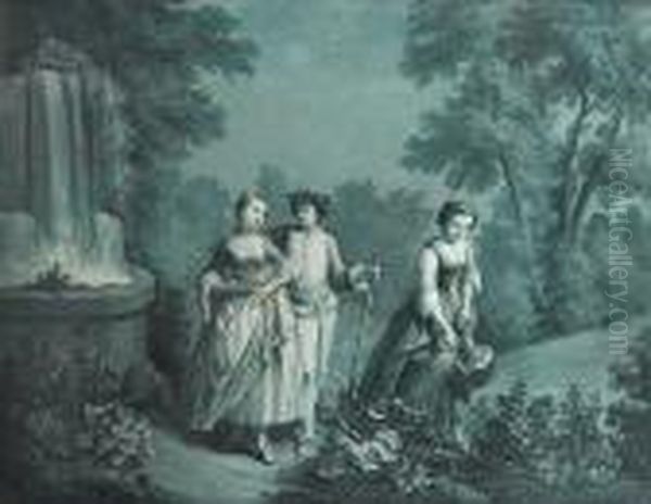 A Pair Of Lovers Beside An Ornamental Waterfall And A Maid Watering Plants Oil Painting by Nicolas Lancret