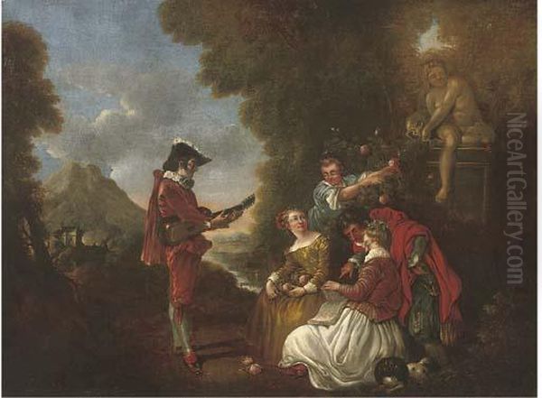 Elegant Company In A Landscape With A Gentleman Making Music Oil Painting by Nicolas Lancret