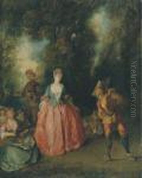 A Fete Galante: An Elegant Lady Dancing With Pulcinella In A Woodedlandscape Oil Painting by Nicolas Lancret