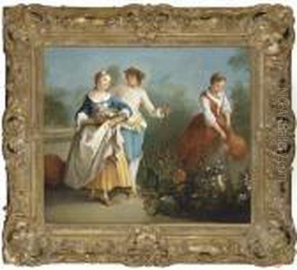 Elegant Figures In A Garden Oil Painting by Nicolas Lancret