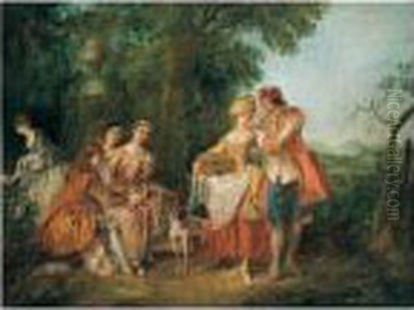 A ``fete Champetre' With Figures Conversing In A Parkland Setting Oil Painting by Nicolas Lancret