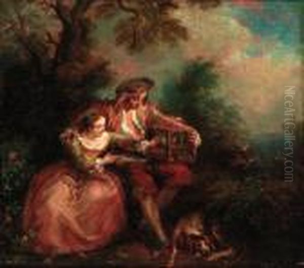 An Elegant Couple With A Caged Bird In A Landscape Oil Painting by Nicolas Lancret