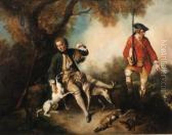 'la Halte De Chasseurs': A 
Huntsman Holding A Gamebird And Restingby A Tree, His Servant And Hounds
 Nearby Oil Painting by Nicolas Lancret