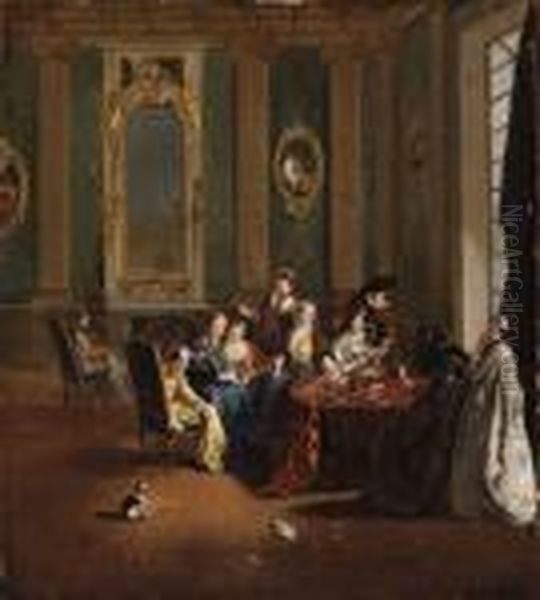 Winter: An Elegant Company Playing Cards In An Interior Oil Painting by Nicolas Lancret