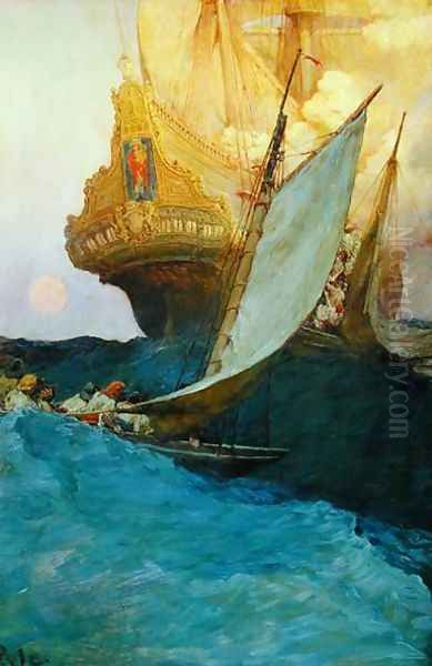 An Attack on a Galleon, from The Fate of Treasure Town by Howard Pyle, published in Harpers Monthly Magazine, 1905 Oil Painting by Howard Pyle