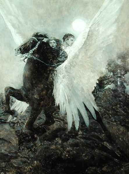 Fast Flew the Black Winged Horse, from The Garden Behind the Moon by Howard Pyle, 1895 Oil Painting by Howard Pyle